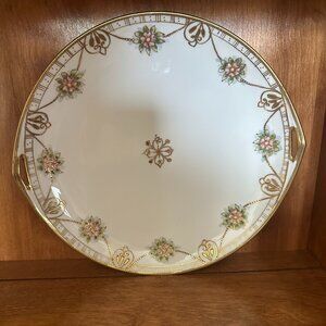 Nippon Cake Plate Vanity Tray Hand Painted Pink Flowers Raised Gold Gilt Design